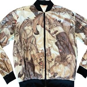 Vintage 90s AOP Wolf Head Print Tyvek Mens Bomber‎ Jacket